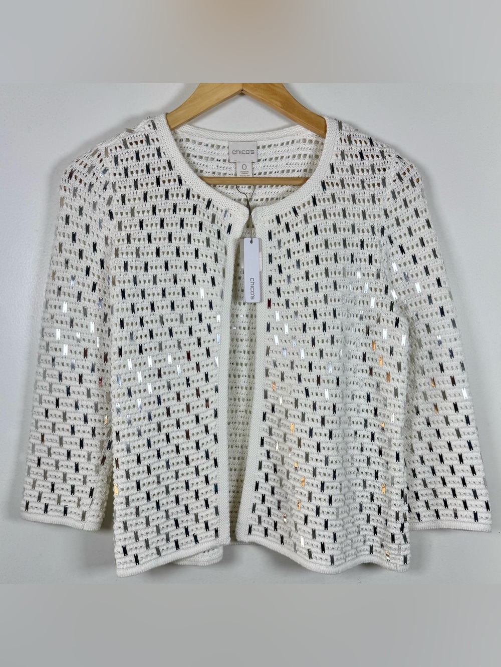 Chico’s Silver Sequin Embellished Open Knit White Cardigan Women’s 0 NEW Cotton